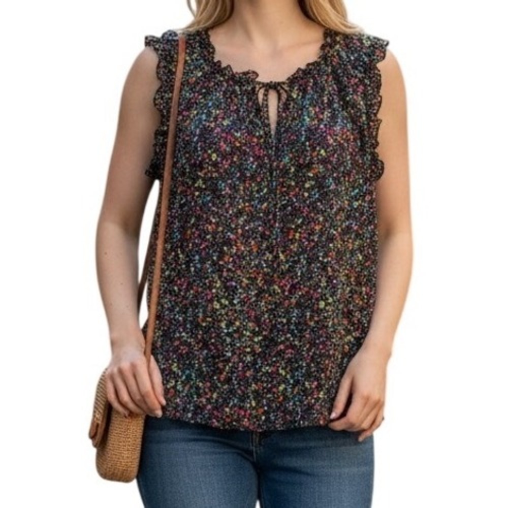 DIANE VON FURSTENBERG Silk Confetti Print Ruffle Sleeveless Blouse Size 2